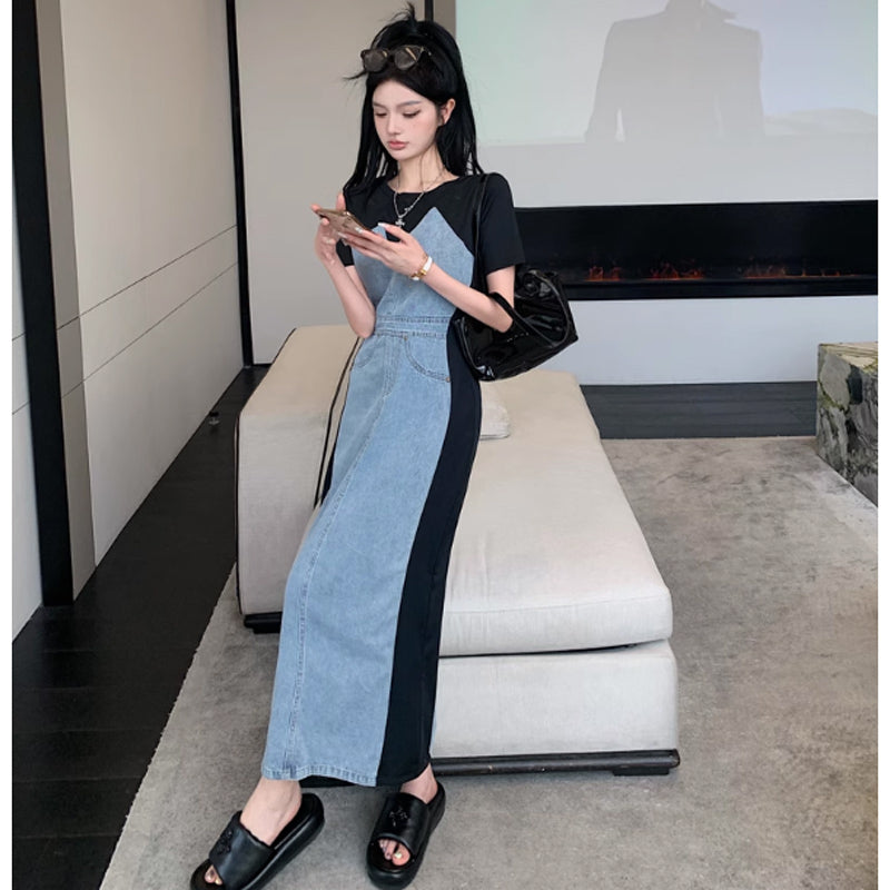 デニム切り替えタイトワンピース