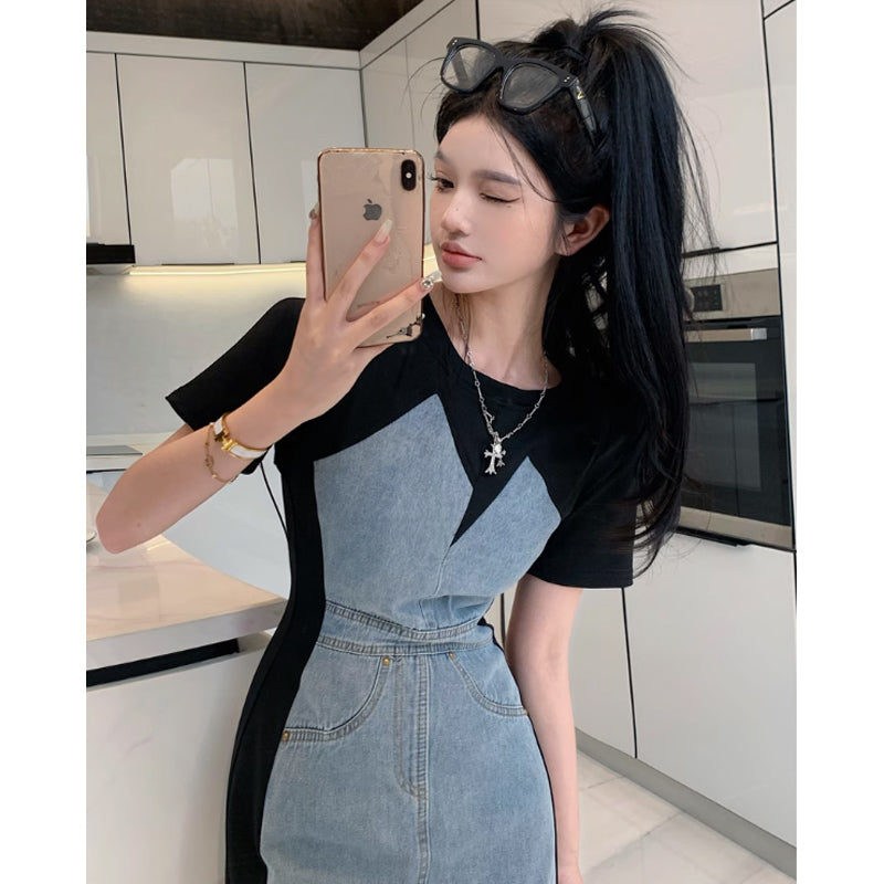 デニム切り替えタイトワンピース