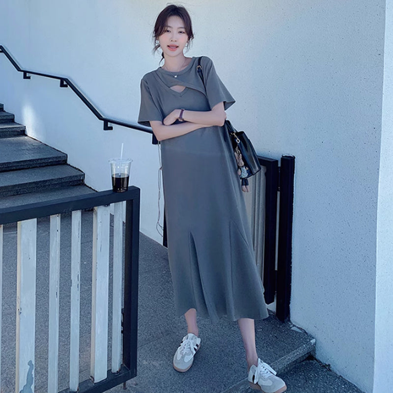 ソリッドカラーフレアワンピース(2colors)