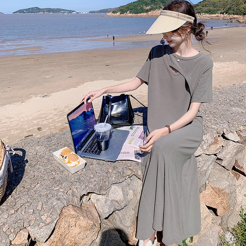 ソリッドカラーフレアワンピース(2colors)