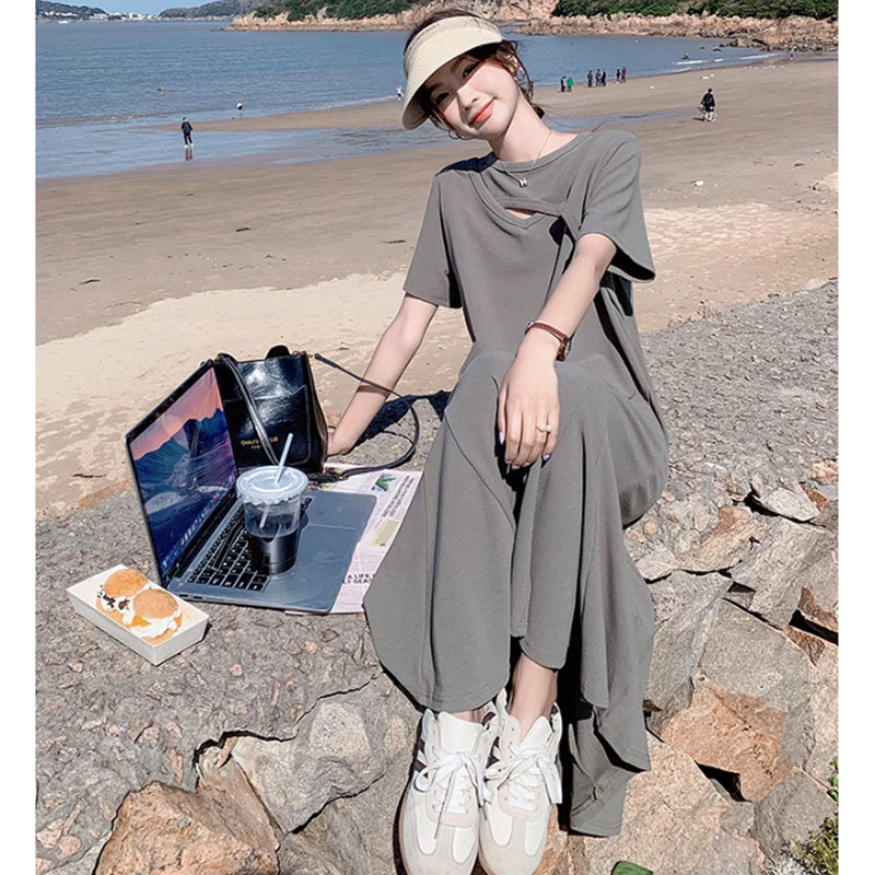 ソリッドカラーフレアワンピース(2colors)