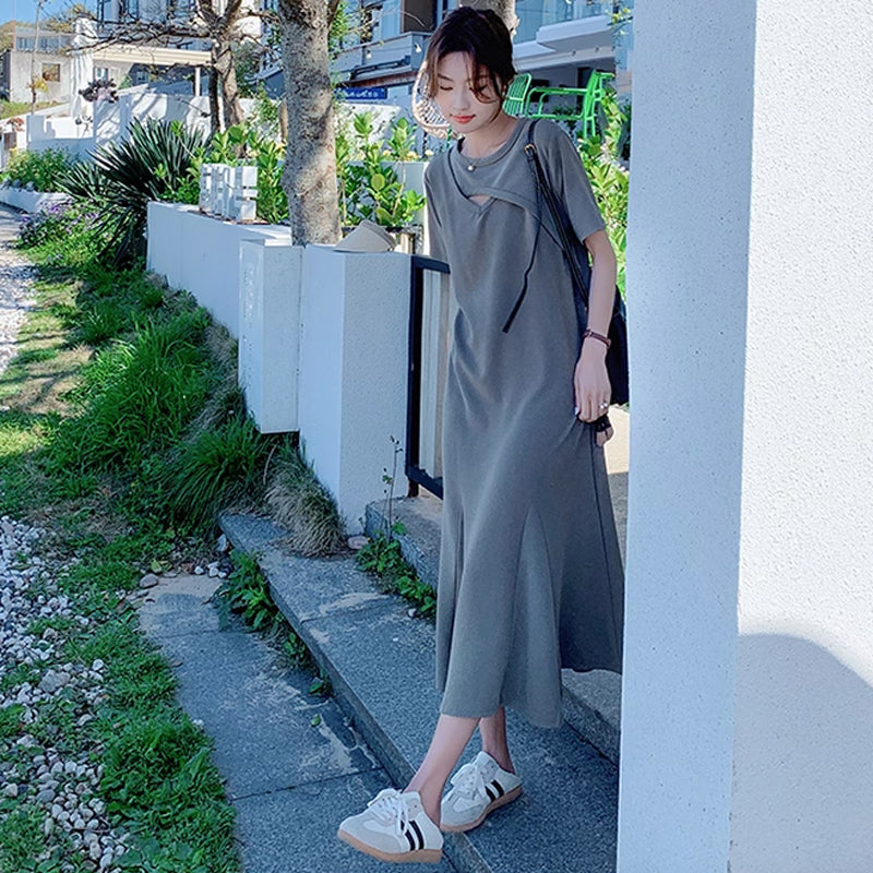 ソリッドカラーフレアワンピース(2colors)