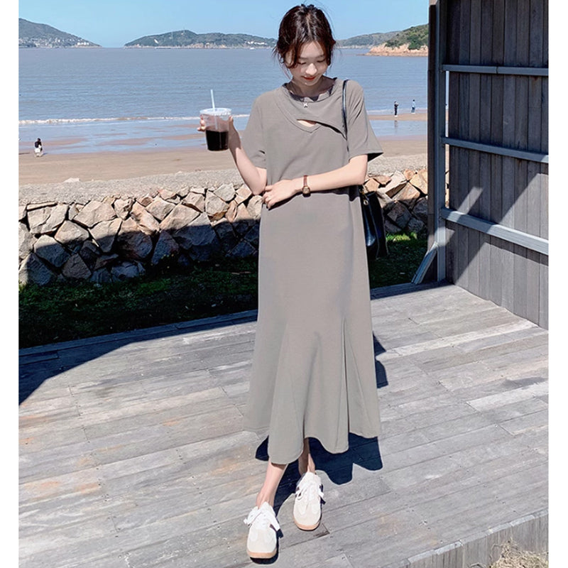 ソリッドカラーフレアワンピース(2colors)