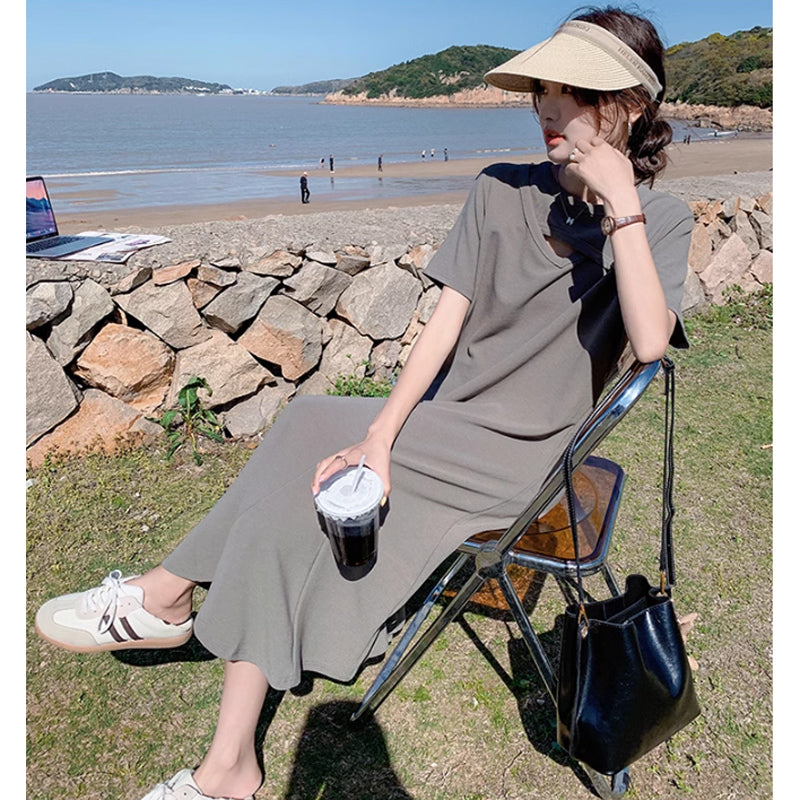 ソリッドカラーフレアワンピース(2colors)