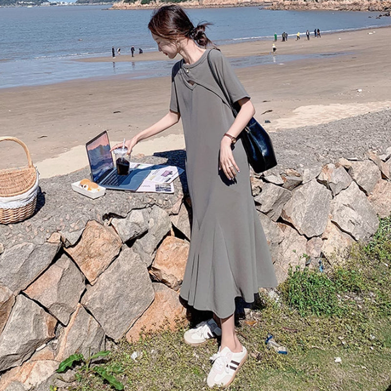 ソリッドカラーフレアワンピース(2colors)