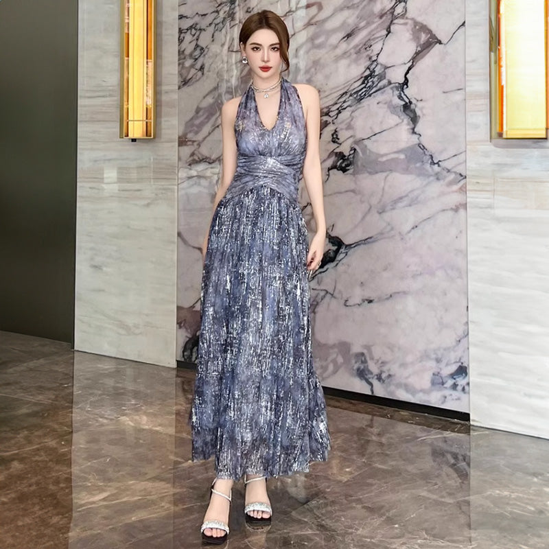 ホルターネックインクプリントロング丈パーティードレス(2colors)