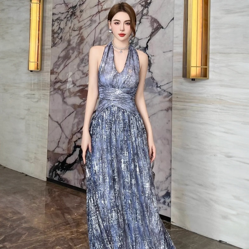 ホルターネックインクプリントロング丈パーティードレス(2colors)