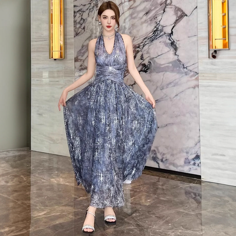 ホルターネックインクプリントロング丈パーティードレス(2colors)