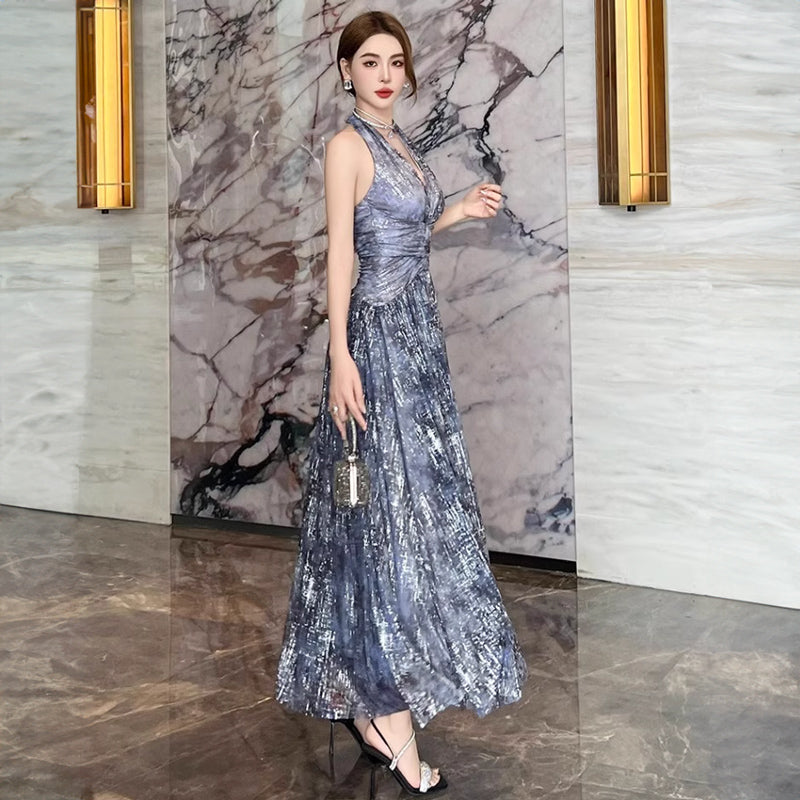 ホルターネックインクプリントロング丈パーティードレス(2colors)