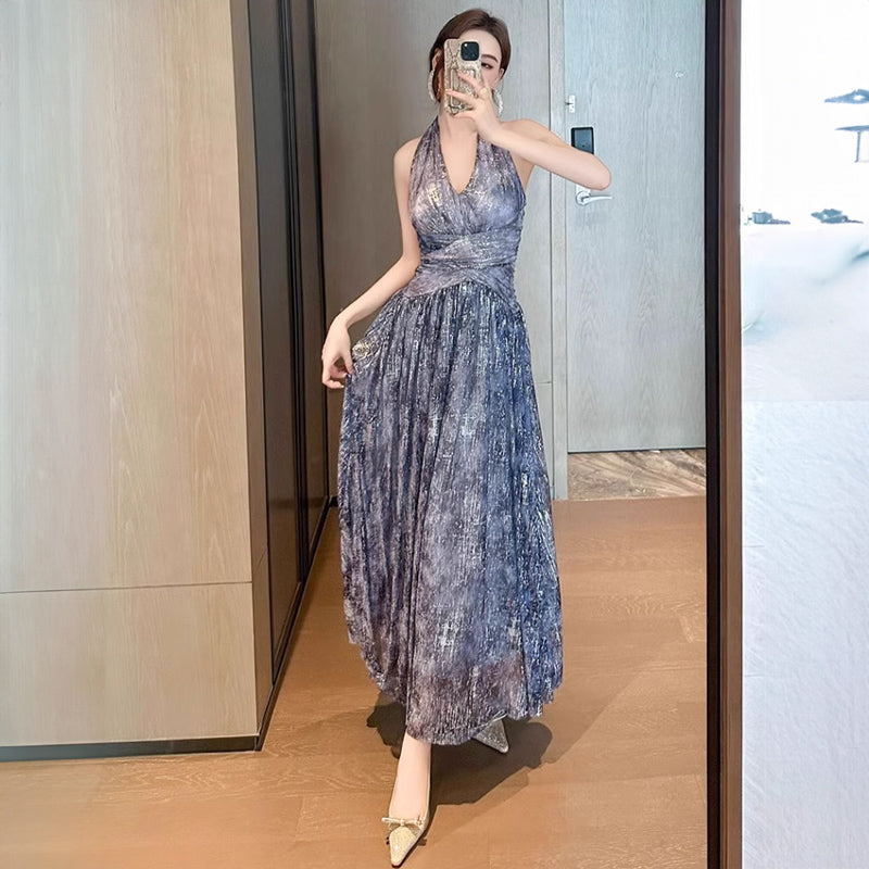 ホルターネックインクプリントロング丈パーティードレス(2colors)