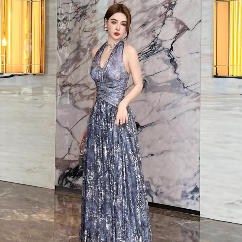 ホルターネックインクプリントロング丈パーティードレス(2colors)