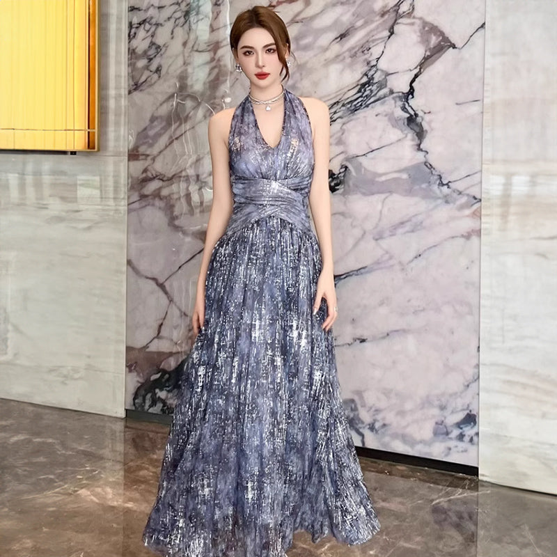 ホルターネックインクプリントロング丈パーティードレス(2colors)