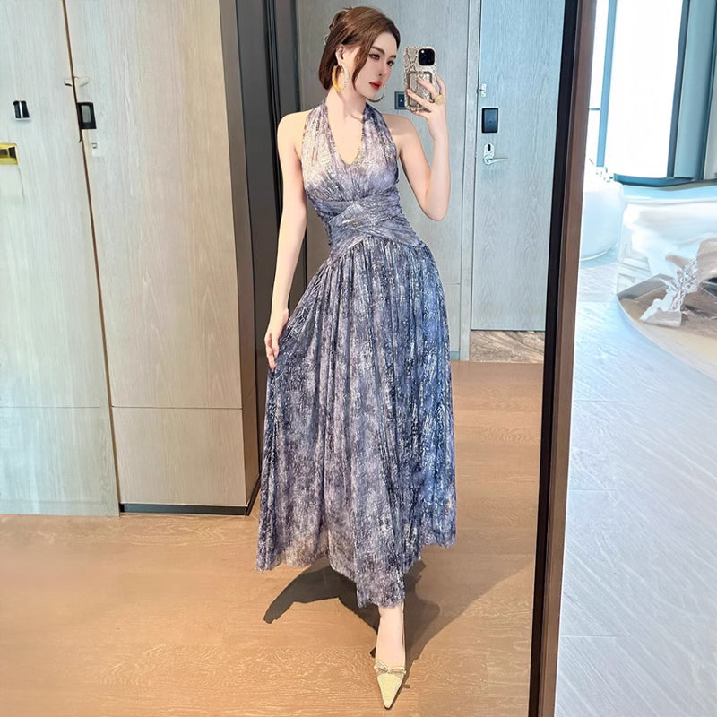 ホルターネックインクプリントロング丈パーティードレス(2colors)