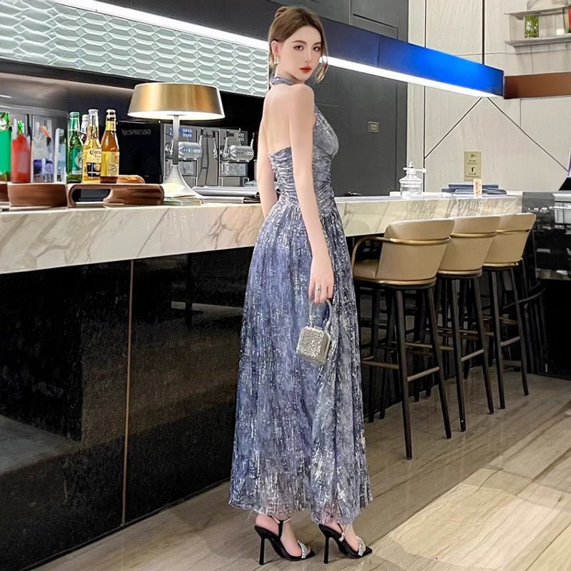 ホルターネックインクプリントロング丈パーティードレス(2colors)