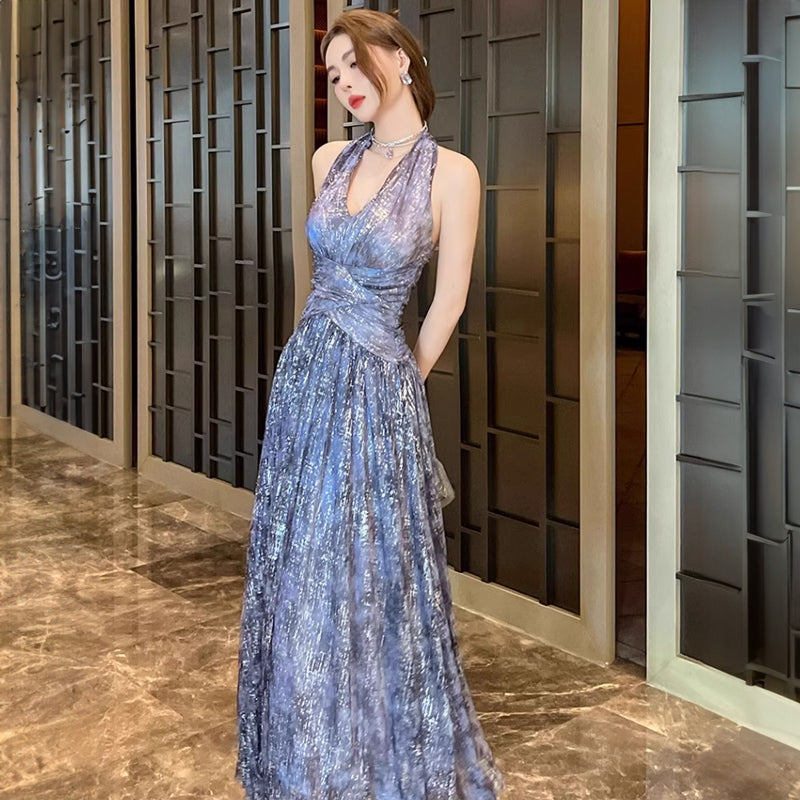 ホルターネックインクプリントロング丈パーティードレス(2colors)