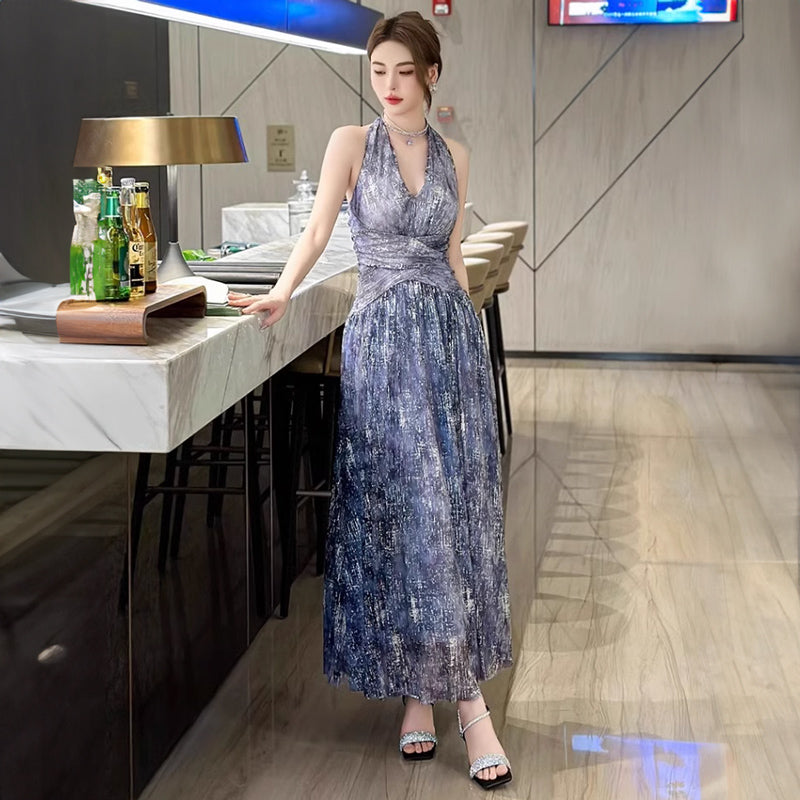 ホルターネックインクプリントロング丈パーティードレス(2colors)