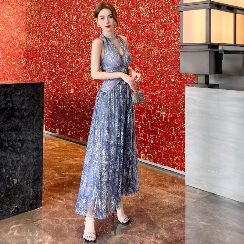 ホルターネックインクプリントロング丈パーティードレス(2colors)