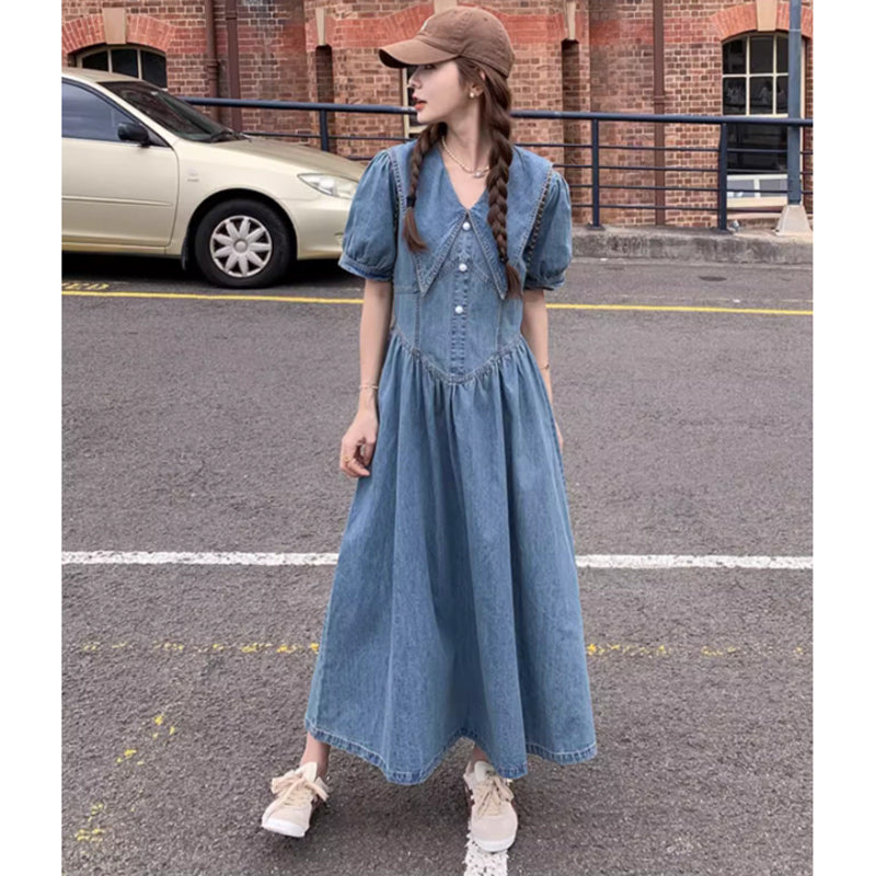 襟コンシャスデニムワンピース