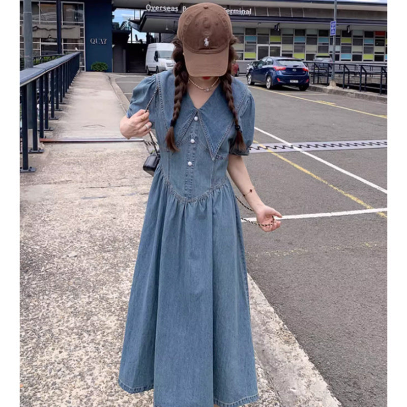 襟コンシャスデニムワンピース