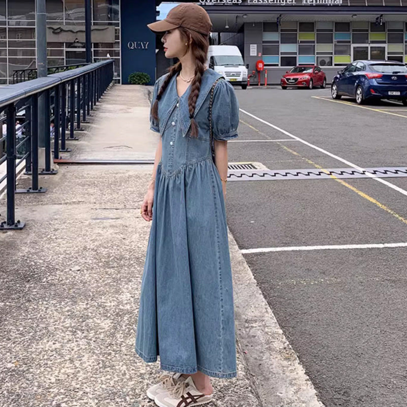 襟コンシャスデニムワンピース