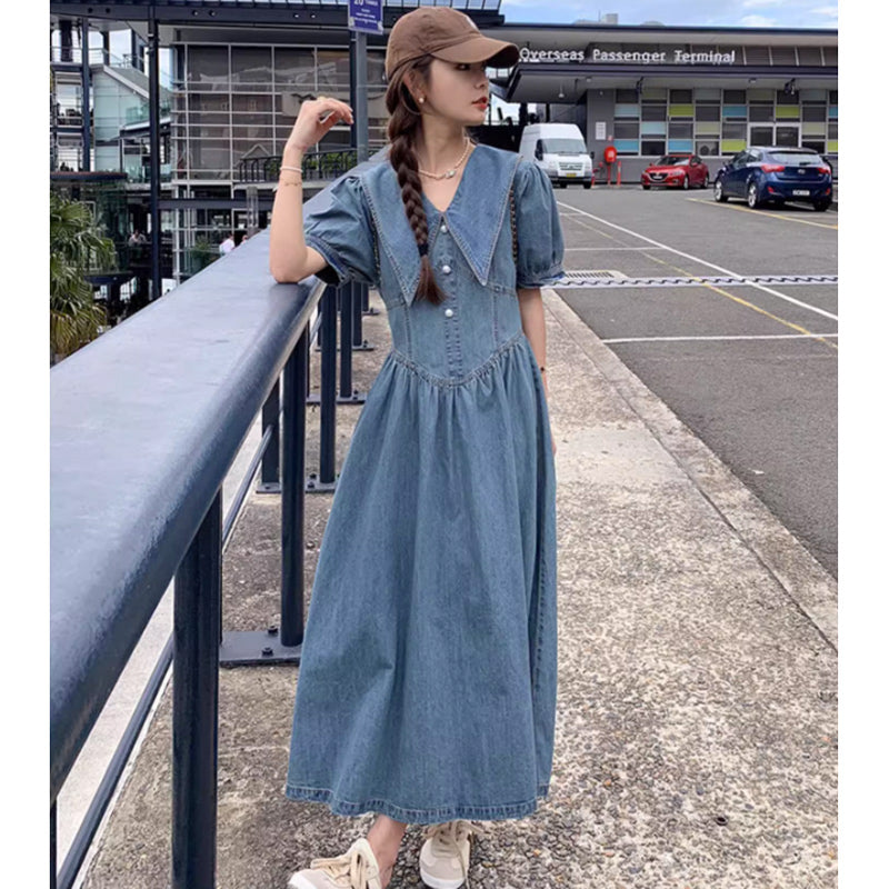 襟コンシャスデニムワンピース