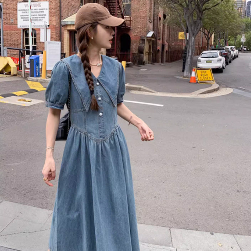 襟コンシャスデニムワンピース