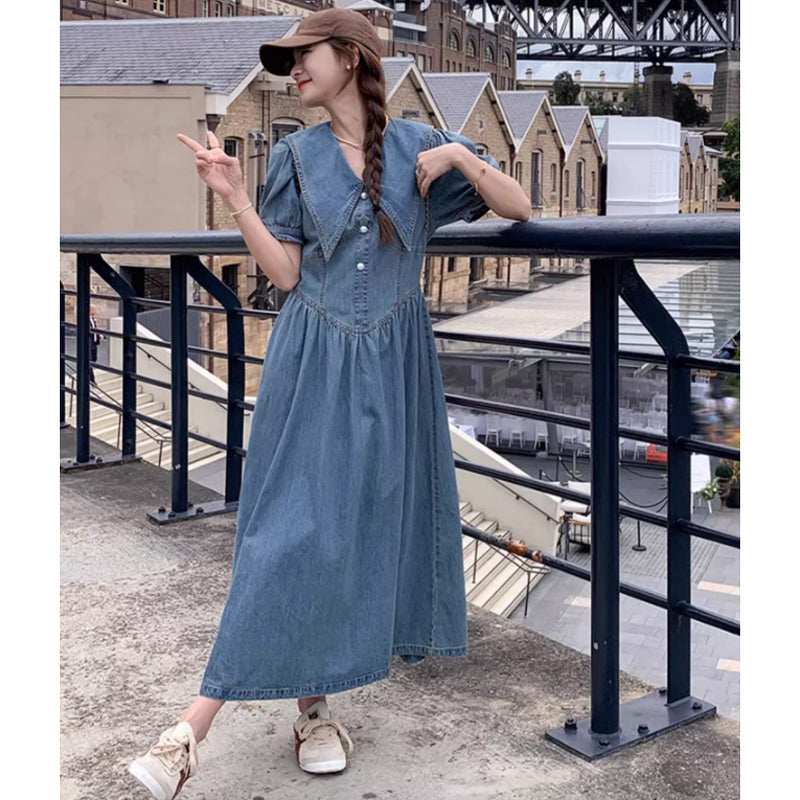 襟コンシャスデニムワンピース