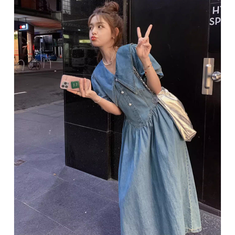 襟コンシャスデニムワンピース