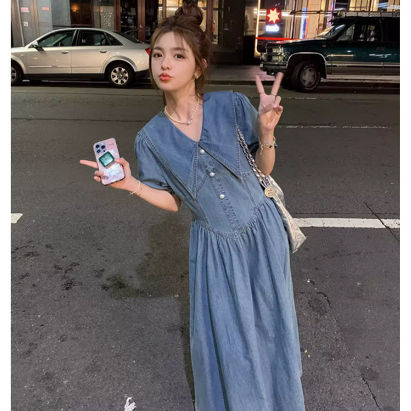 襟コンシャスデニムワンピース