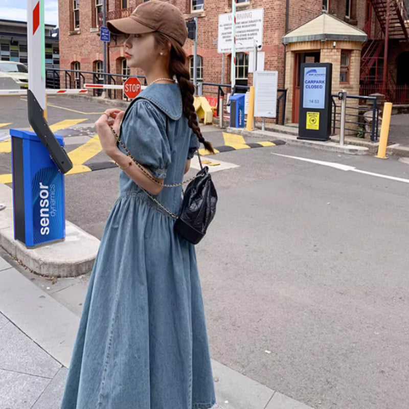 襟コンシャスデニムワンピース