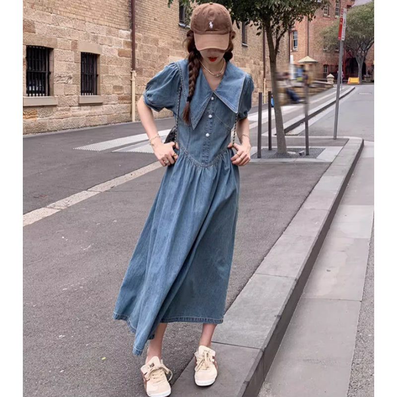 襟コンシャスデニムワンピース