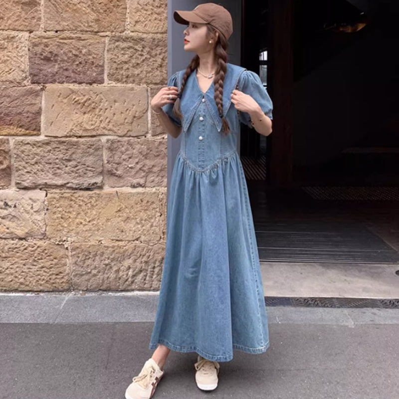 襟コンシャスデニムワンピース