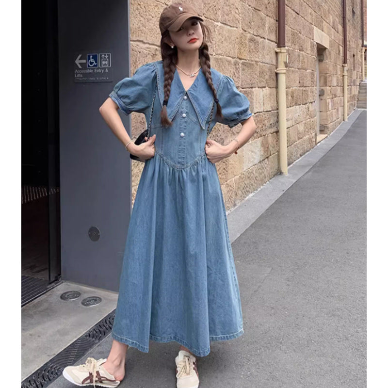 襟コンシャスデニムワンピース