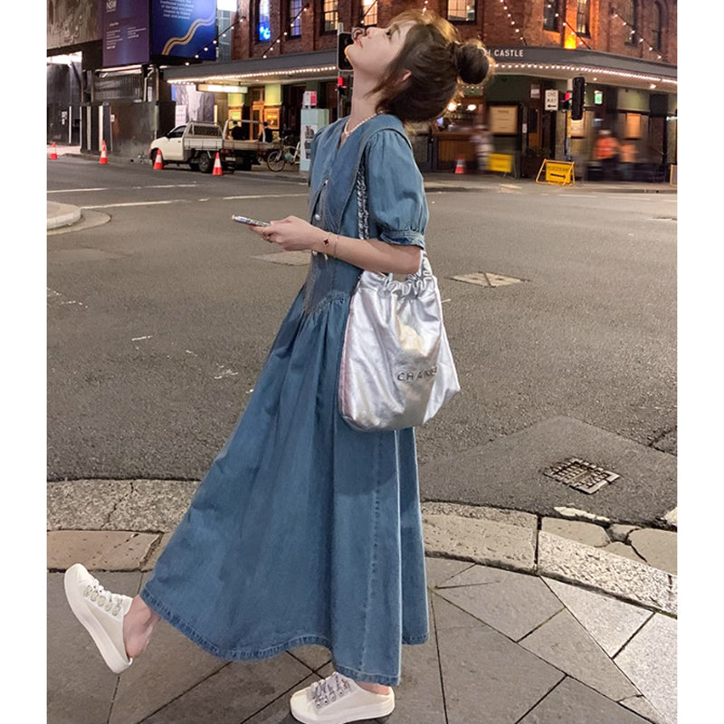 襟コンシャスデニムワンピース