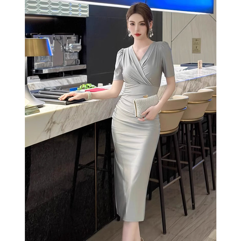 ミモレ丈メタリック風カシュクールドレス(3colors)
