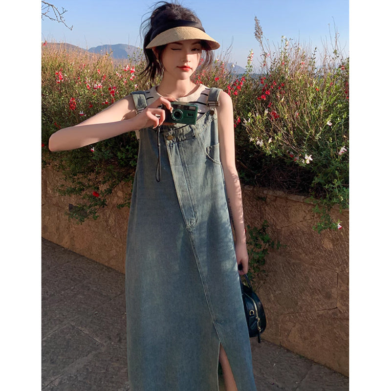 リメイク風デニムサロペットスカート