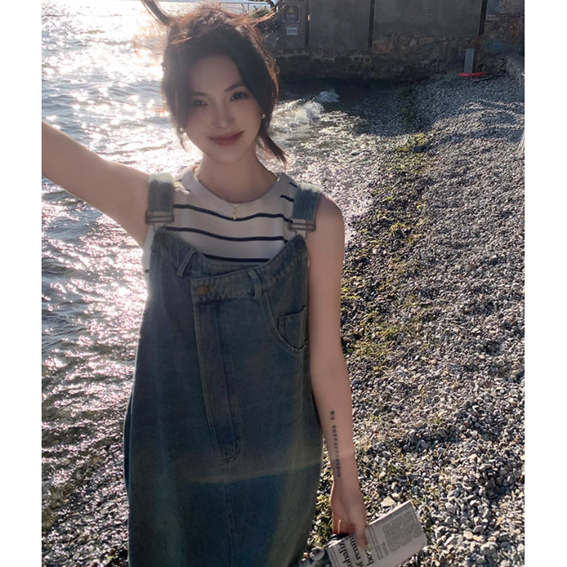 リメイク風デニムサロペットスカート