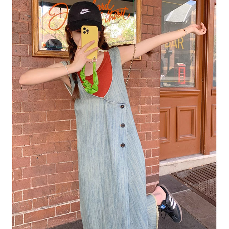 サイドタックデニムサロペットスカート