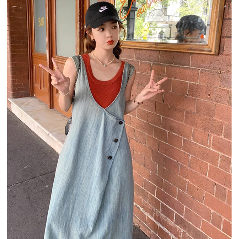 サイドタックデニムサロペットスカート