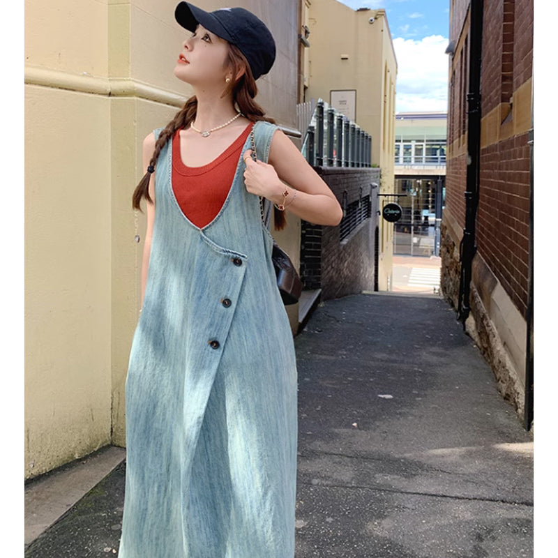 サイドタックデニムサロペットスカート