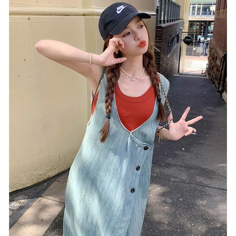 サイドタックデニムサロペットスカート