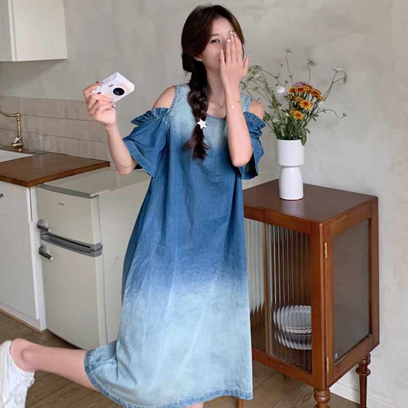 グラデーションオフショルダーデニムワンピース