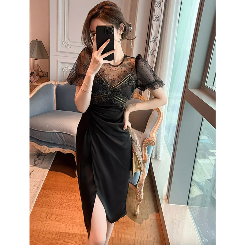 【即納】シアースリーブブラックワンピース