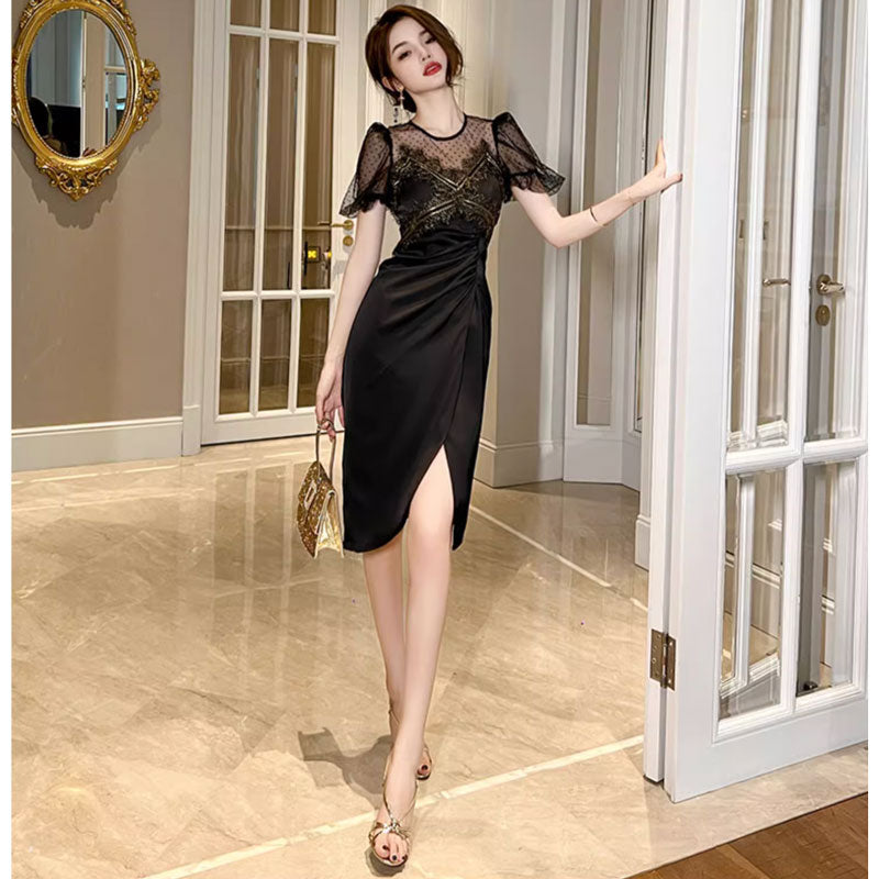 【即納】シアースリーブブラックワンピース