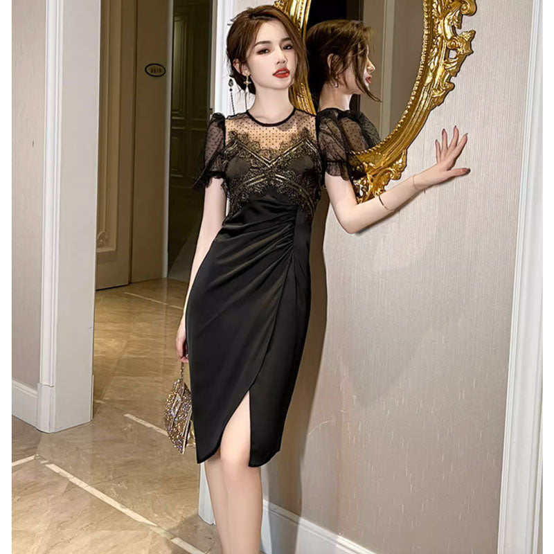 【即納】シアースリーブブラックワンピース