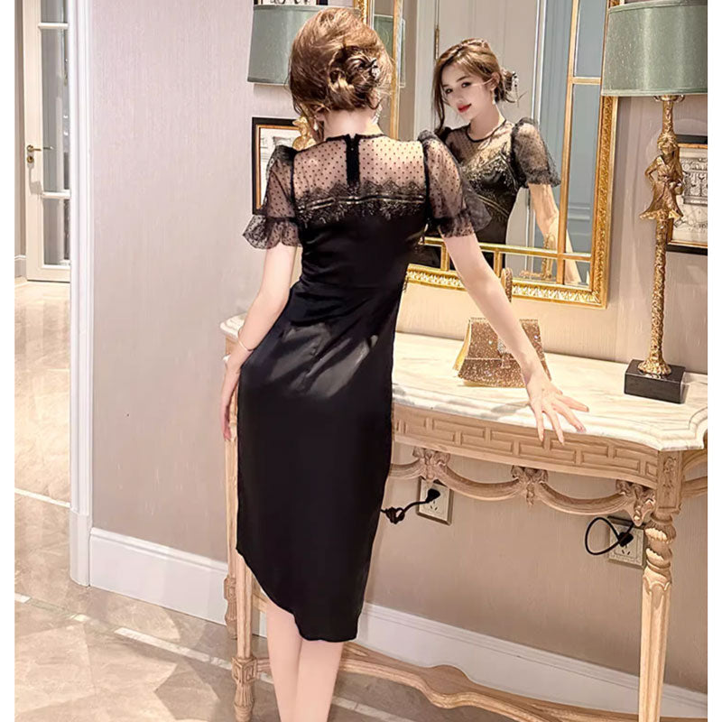 【即納】シアースリーブブラックワンピース