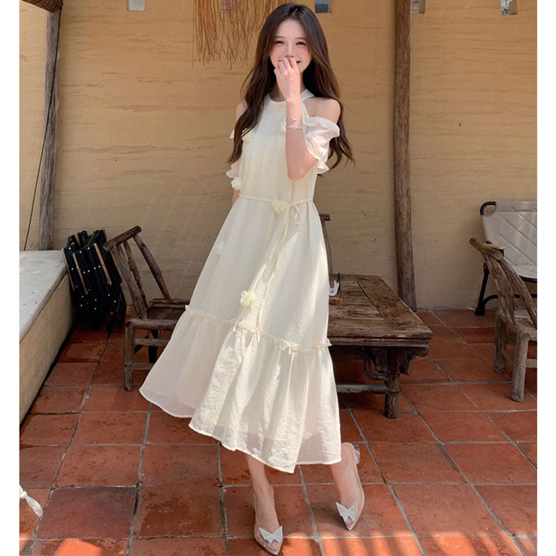 オープンショルダーシフォンワンピース