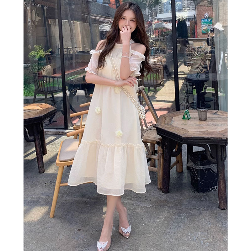 オープンショルダーシフォンワンピース