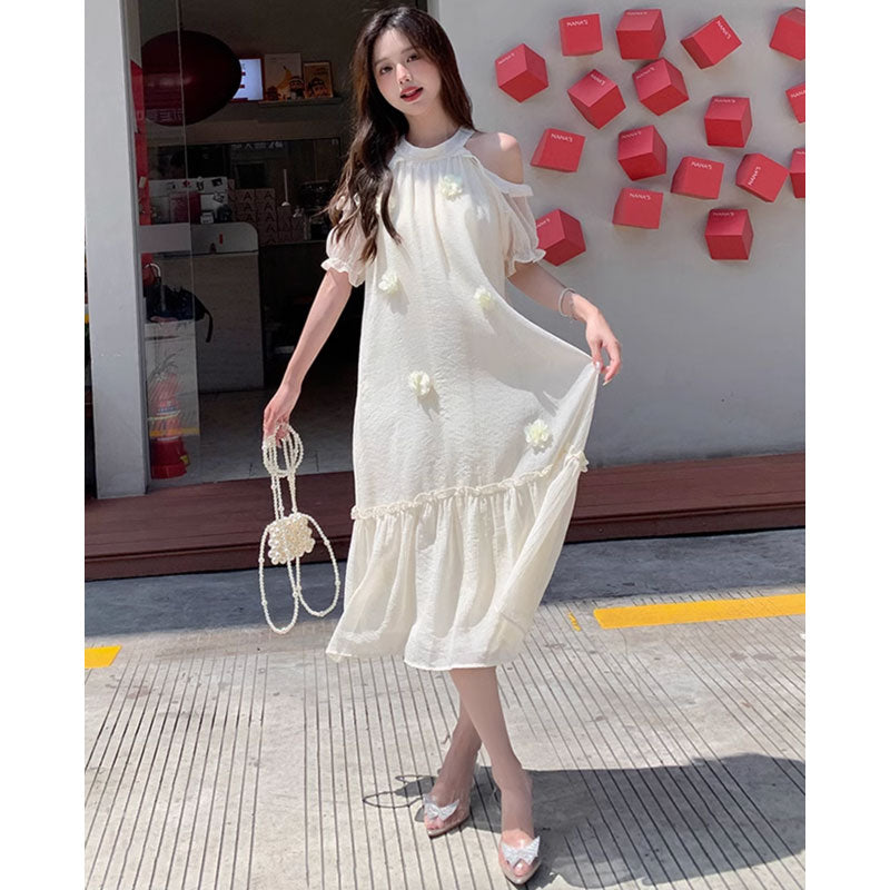 オープンショルダーシフォンワンピース