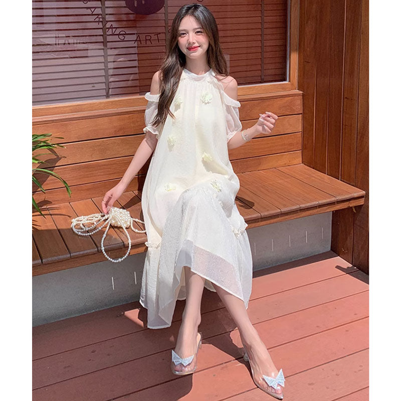 オープンショルダーシフォンワンピース